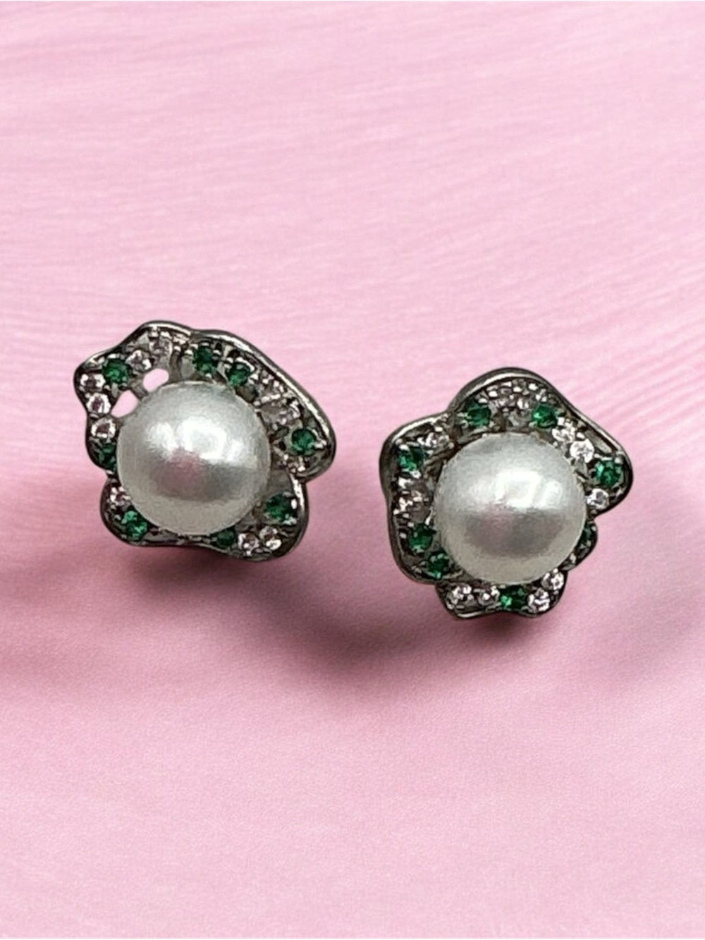 Pearl & Green Crystal Floral Stud Earrings - Women Jewelry